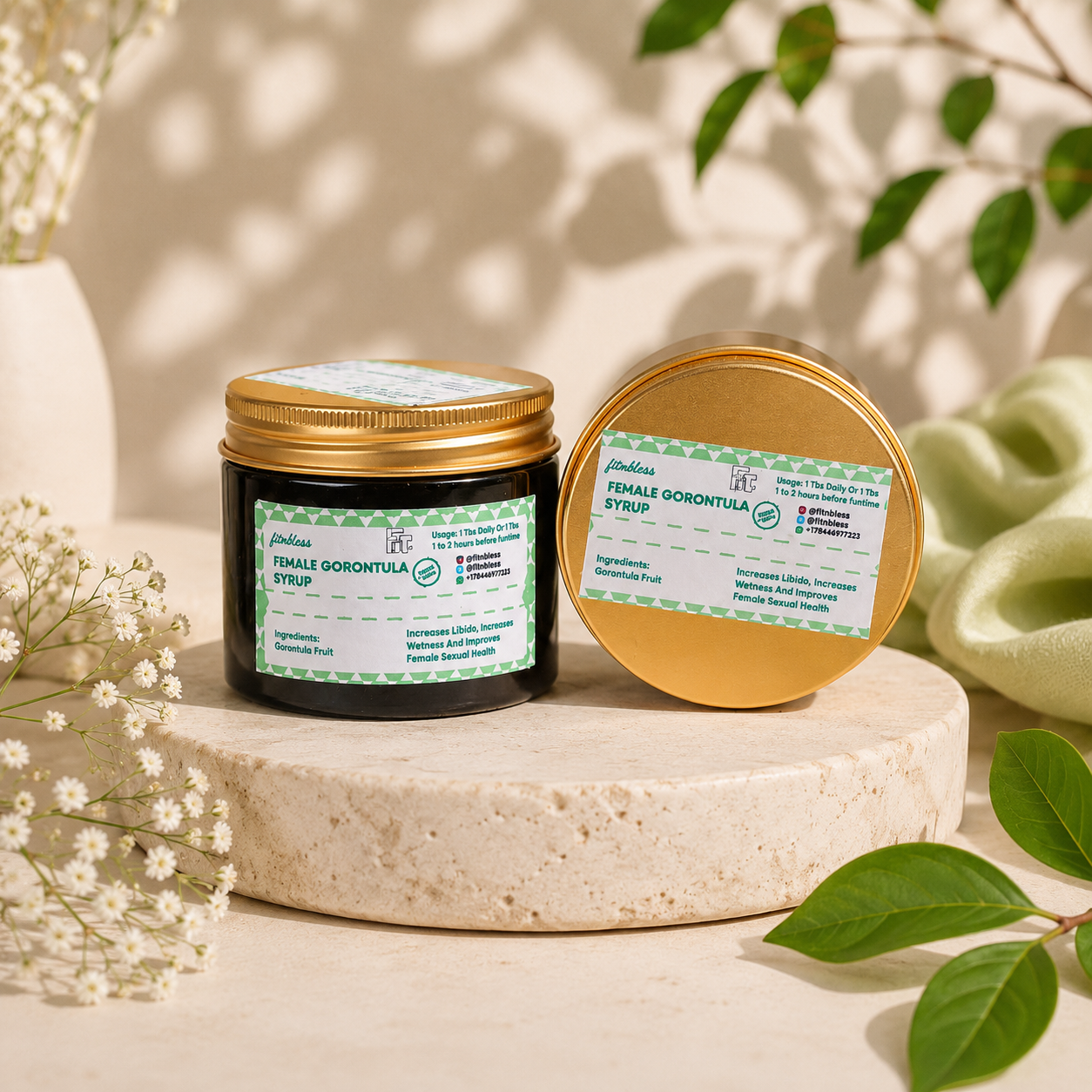 Fitnbless wellness product displayed on a marble pedestal